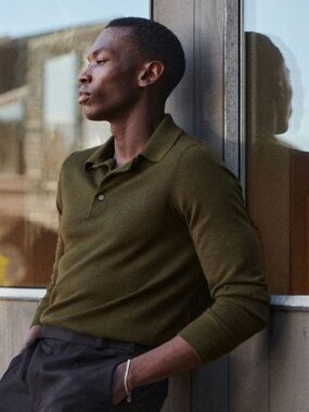 Buck Mason Olive Green Long Sleeve Cashmere Polo Shirt